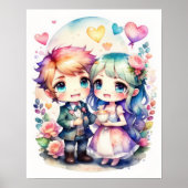 Aquarellmalerei von Kawaii Chibi Male Female II Poster (Vorne)