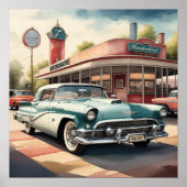 Aquarellmalerei von Oldtimer und Diner Poster (Vorne)