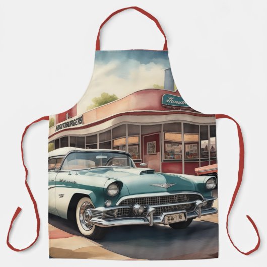 Aquarellmalerei von Oldtimer und Diner Schürze (Vorderseite)