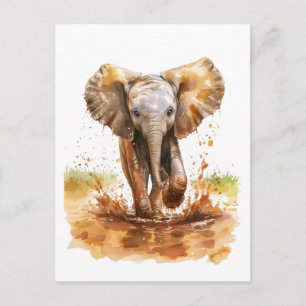 Aquarellmalerei von Säuglingelefanten, die Schlamm Feiertagspostkarte