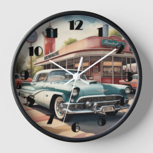 Aquarellmalerei von Vintage-Auto und Diner Uhr