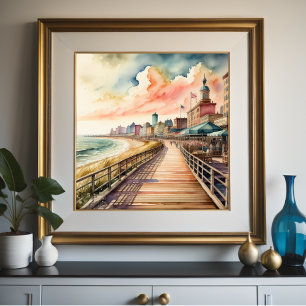 Aquarellmalerei von Vintage-Uferpromenade Poster