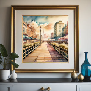 Aquarellmalerei von Vintage-Uferpromenade Poster