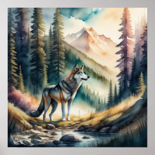 Aquarellmalerei von Wolf im Wald 1:1 Poster (Vorne)