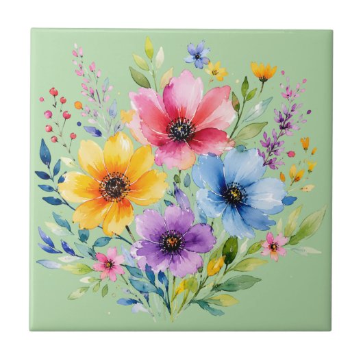 Aquarellmalte Wildblumen Fliese (Vorderseite)