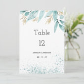 Aquarellmalz, grün, goldgrün, Blattwerk Tischnumme Einladung (Stehend Vorderseite)