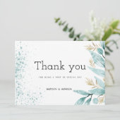 Aquarellmalz grünes goldenes Blattwerk Danke Einladung (Stehend Vorderseite)