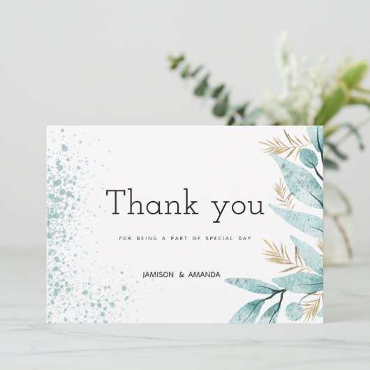 Aquarellmalz grünes goldenes Blattwerk Danke Einladung (Stehend Vorderseite)