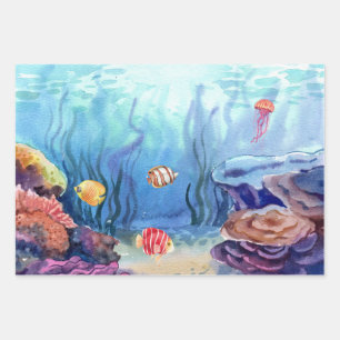 Aquarellmarine Ozean Lebendkoralle und Fische  Geschenkpapier Set
