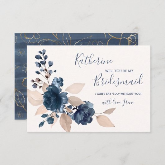 Aquarellmarinerie Blau & Gold Rose Seien Sie meine Einladung (Vorne/Hinten)