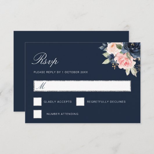 Aquarellmarinon blühende silberne RSVP-Karte RSVP Karte (Vorne/Hinten)