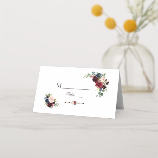 Aquarellmärsche Navy Blue Floral Tischnummer Platzkarte (Vorderseite)