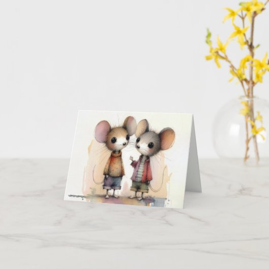 Aquarellmäuse mit Kleidung Karte (Gelbe Blume)