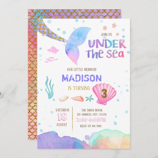 Aquarellmeerjungfraugeburtstag laden ein einladung (Vorne/Hinten)