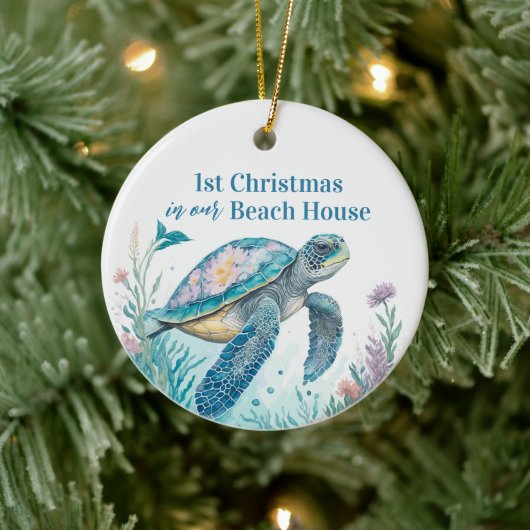 Aquarellmeerschildkröte 1. Weihnachtsfest Keramik Ornament (Baum)