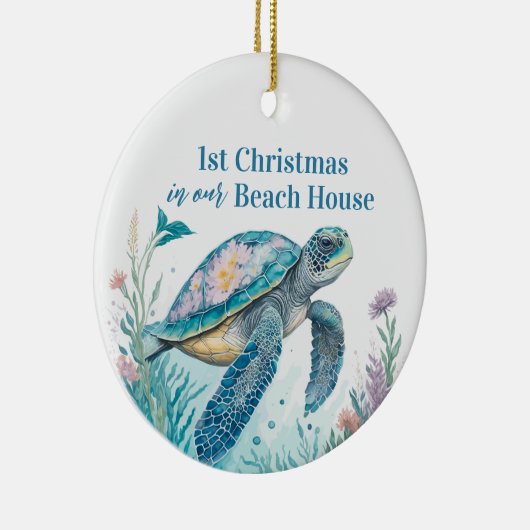 Aquarellmeerschildkröte 1. Weihnachtsfest Keramik Ornament (Rechts)