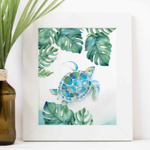 Aquarellmeerschildkröten und Monstera-Blätter Poster