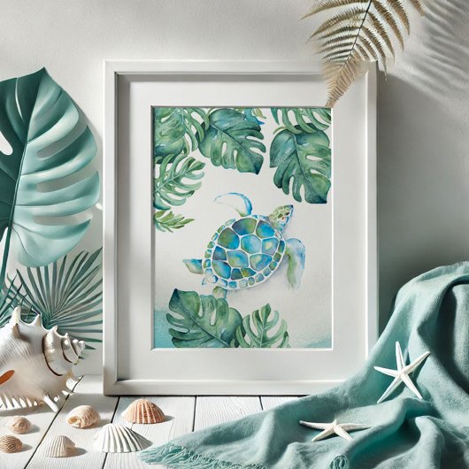 Aquarellmeerschildkröten und Monstera-Blätter Poster