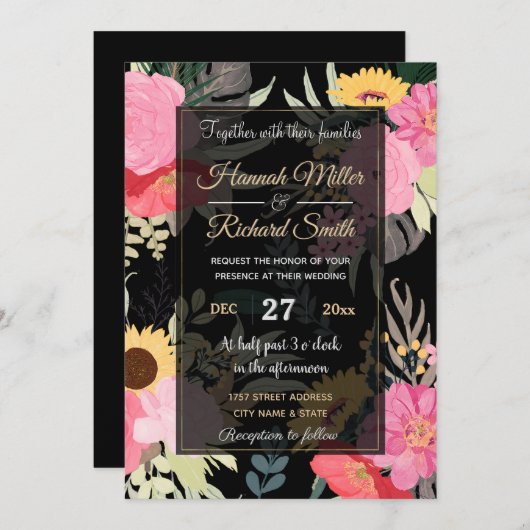 Aquarellmohn & Sonnenblumen Blumenmuster Einladung (Vorne/Hinten)