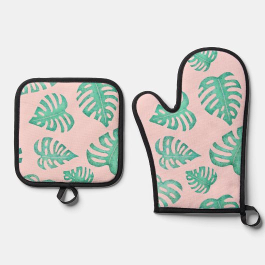 Aquarellmonstera-Blätter auf Ballet Pink Ofenhandschuh & Topflappen-Set (Vorderseite)