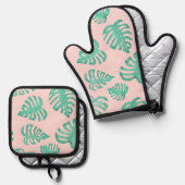 Aquarellmonstera-Blätter auf Ballet Pink Ofenhandschuh & Topflappen-Set (Vorderseite/Rückseite)