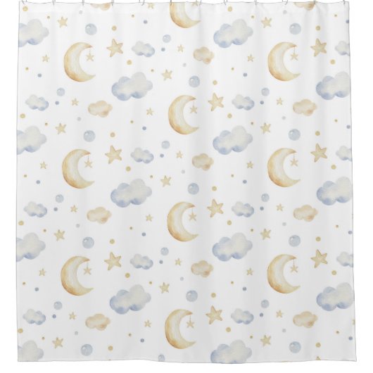 Aquarellmoon-Sterne und Cloud-Muster Duschvorhang (Vorderseite)