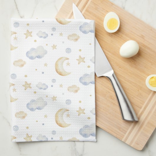 Aquarellmoon-Sterne und Cloud-Muster Geschirrtuch (Viertel Falte)