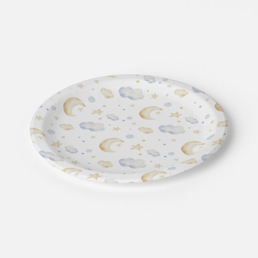 Aquarellmoon-Sterne und Cloud-Muster Pappteller (Schrägansicht)