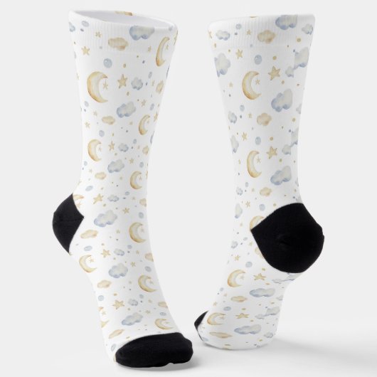 Aquarellmoon-Sterne und Cloud-Muster Socken (Gewinkelt)