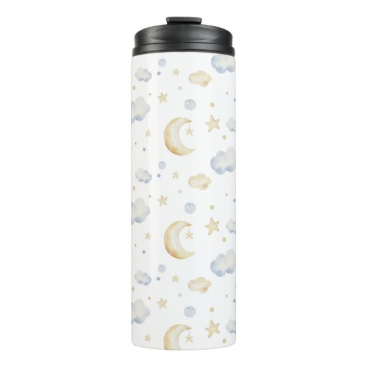 Aquarellmoon-Sterne und Cloud-Muster Thermosbecher (Vorderseite)