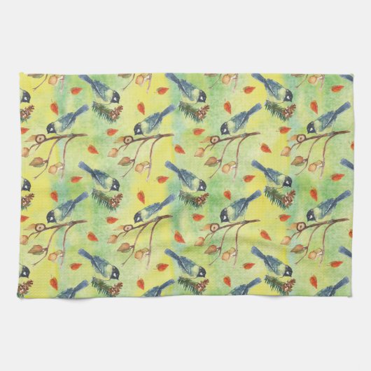 Aquarellmühle, Aquarellvögel Geschirrtuch (Horizontal)