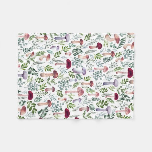 Aquarellmushrooms und Blätter im Grünen Fleecedecke (Vorderseite (Horizontal))