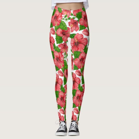 Aquarellmuster aus rotem Hibiskus Leggings (Vorderseite)