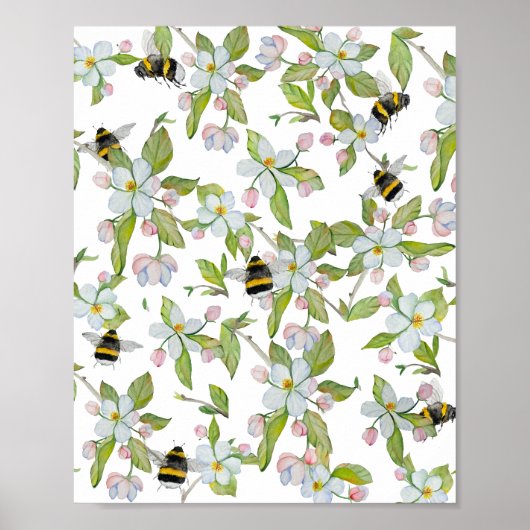 Aquarellmuster Blüten und Hummeln Poster (Vorne)