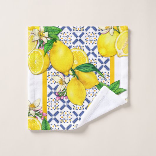 Aquarellmuster im Mittelmeer-Zitronen Badhandtuch Set (Waschlappen)