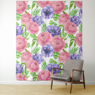 Aquarellmuster mit Torf und Anemon-Blume Wandteppich