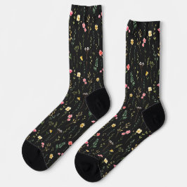 Aquarellmuster mit Wildblumen auf Schwarz Socken