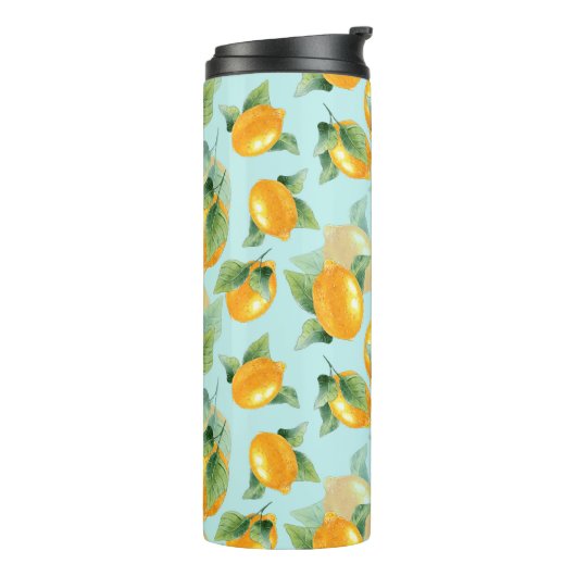 Aquarellmuster mit Zitronen und Blätter. Seamles Thermosbecher (Nach links gedreht)