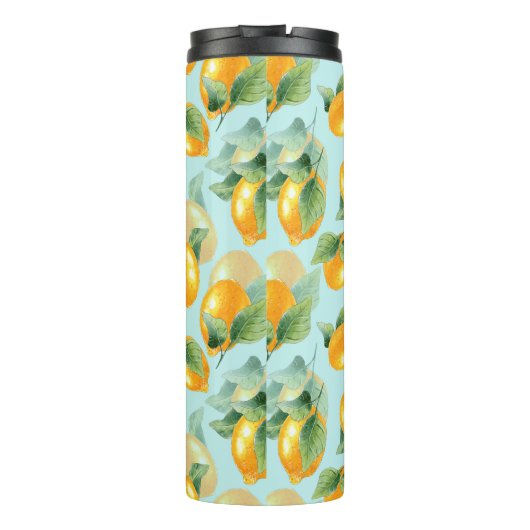 Aquarellmuster mit Zitronen und Blätter. Seamles Thermosbecher (Rückseite)