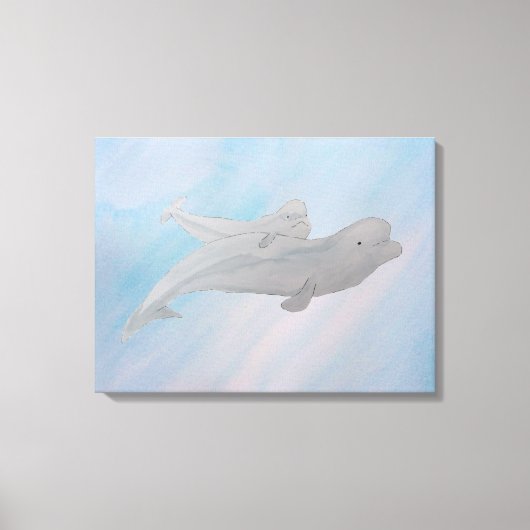 Aquarellmütter Baby Beluga Whale Leinwanddruck (Vorderseite)