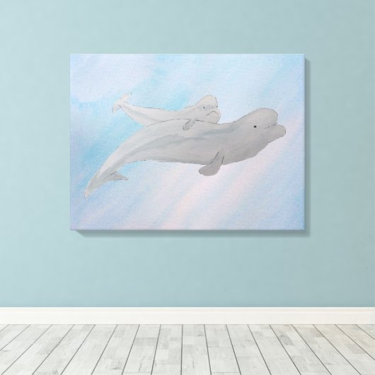 Aquarellmütter Baby Beluga Whale Leinwanddruck (Insitu (Holzboden))