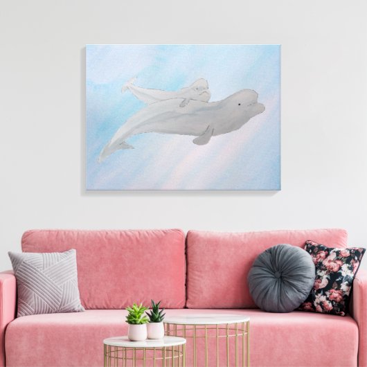 Aquarellmütter Baby Beluga Whale Leinwanddruck (Insitu (Wohnzimmer))