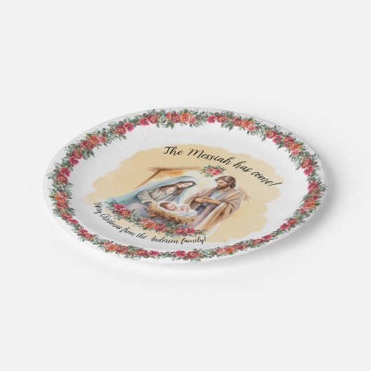 Aquarellnativität und Rose individuell anpassbar Pappteller (Schrägansicht)