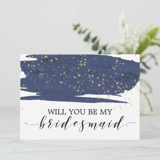 Aquarellnavy & Gold werden Sie meine Bridesmaid se Einladung (Stehend Vorderseite)