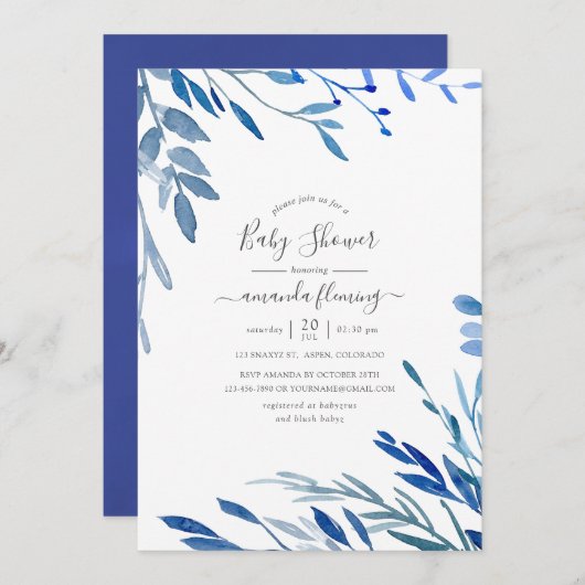 Aquarellnavy-Indigo-Blätter Kinderdusche Einladung (Vorne/Hinten)