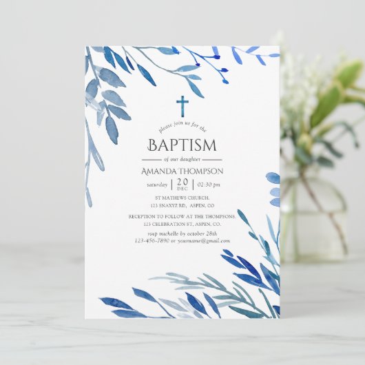 Aquarellnavy Indigo Verlasse Taufe Einladung (Stehend Vorderseite)