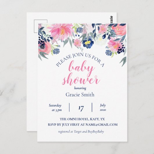 Aquarellnavy & Pink Floral Baby Dusche Postkarte (Vorne/Hinten)