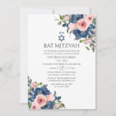 Aquarellnavy und Blush Floral Bat Mitzvah Einladung (Vorderseite)