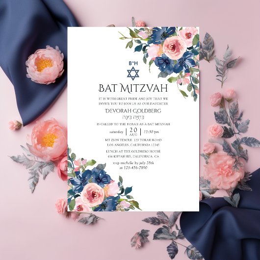 Aquarellnavy und Blush Floral Bat Mitzvah Einladung