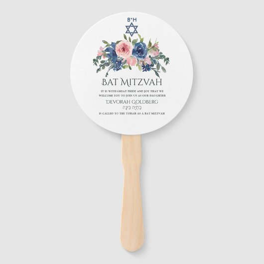 Aquarellnavy und Blush Floral Bat Mitzvah Fächer (Vorderseite)